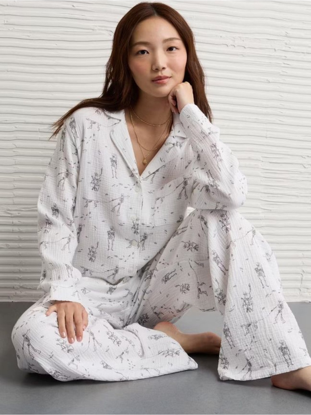 NWT AE The Halloween Shop Women’s White Skeleton Gauzy Cotton Pajama Set